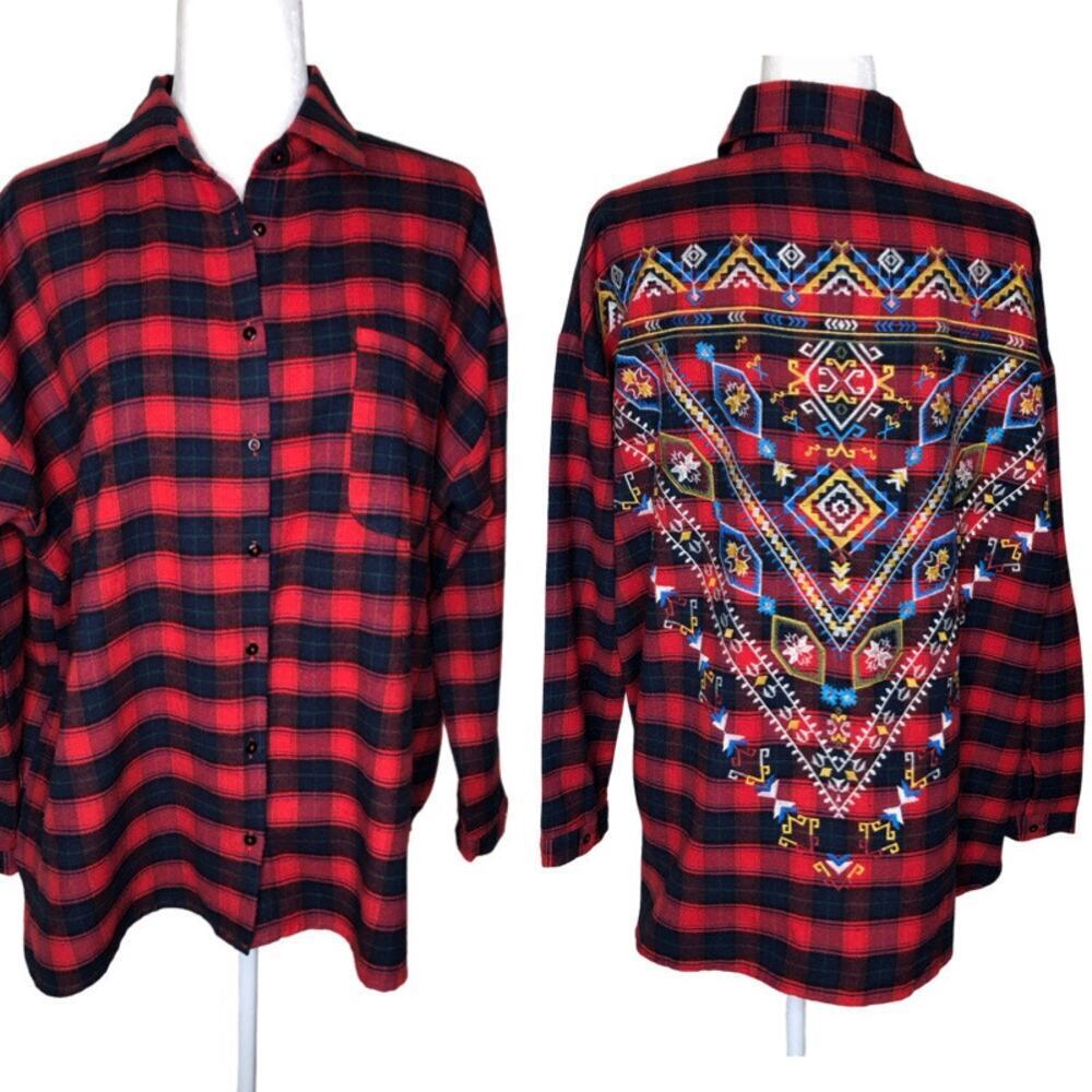 Umgee Embroidered Flannel Button Down‎ Shirt Sz: M Women's Aztec Plaid Oversized
